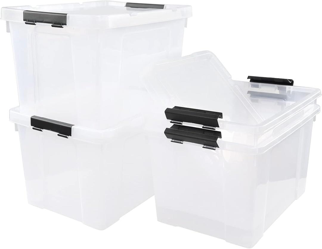 Morcte 4-Pack Clear Plastic Storage Box with Lid and Wheel, 32 L Plastic Storage Boxes
