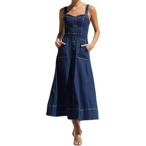 chouyatou Women's Adjustable Strap Midi Long Denim Dress 2024 Button Down A-Line Swing Flowy Jean Dress (X-Large, Dark Blue)
