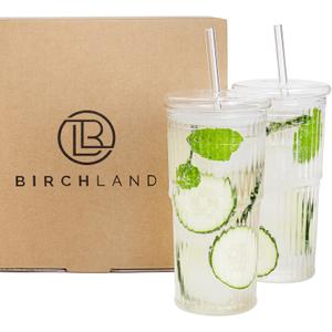 All Glass Iced Coffee Cup with Lid and Straw, Ribbed Glass Tumbler Set of 2 (18 oz)