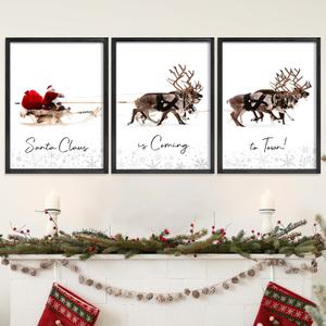 LITIVY Christmas Wall Art Prints - Set of 3 Santa Claus with Sleigh Deer for Home Decor - Xmas Sign - 12x16in - Black