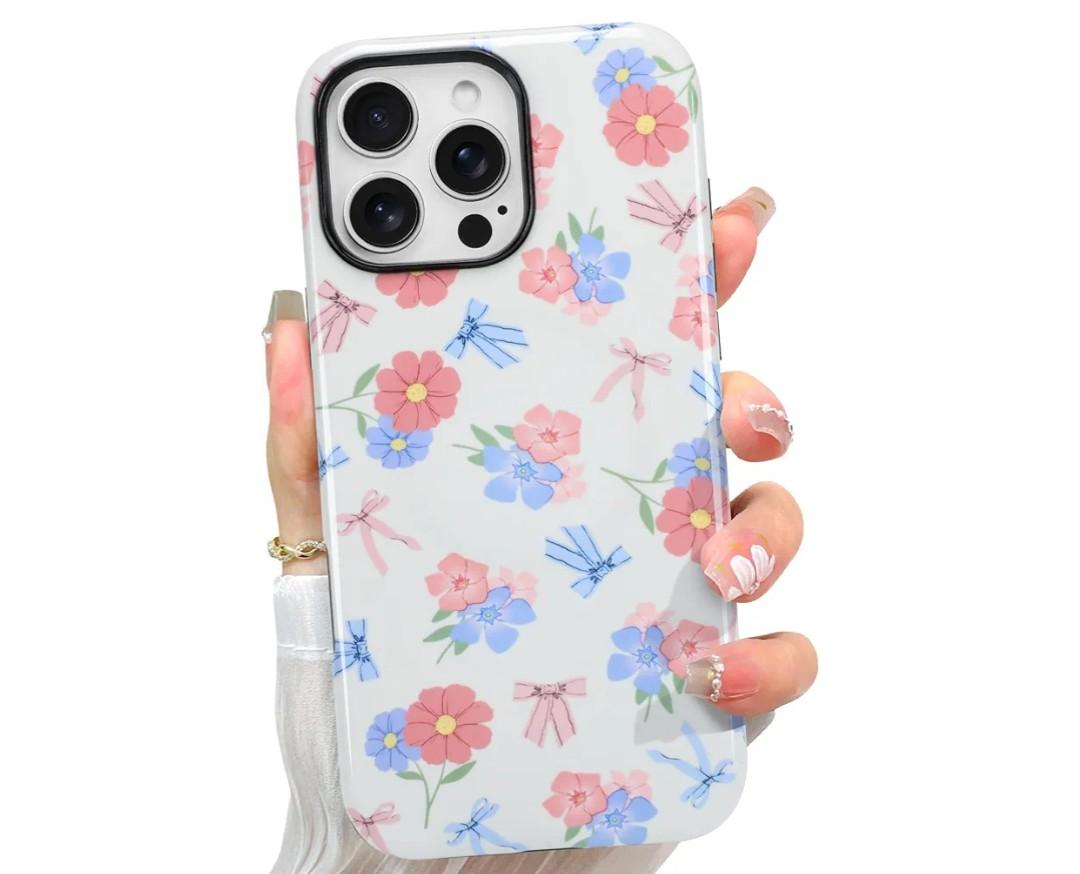 Case Designed for iPhone 16, Blue & Pink Bow Little Floral Pattern[Compatible with MagSafe] Hard PC+ Soft TPU Heavy Duty Shockproof Drop Protective Women Girls Phone Case