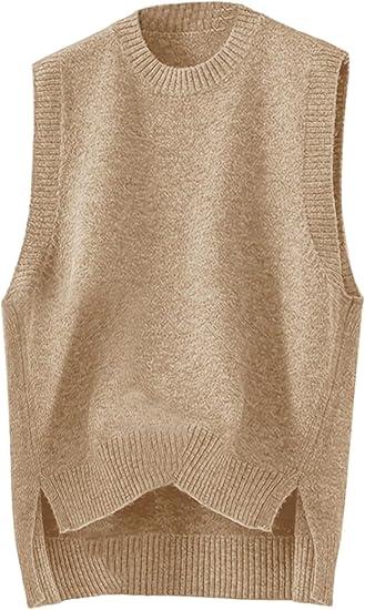 Verdusa Women's High Low Hem Sweater Vest Sleeveless V Neck Loose Lightweight Knit Tops Khaki Medium