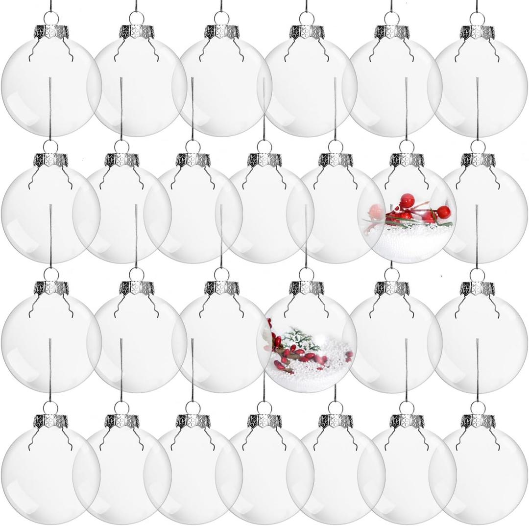 Rocinha 30 Pcs Clear Ornaments for Crafts 3.15 Inch Fillable Clear Plastic Ornaments Balls Hanging with Removable Top and Hanging Cords, for DIY Christmas Craft Project Home Decor