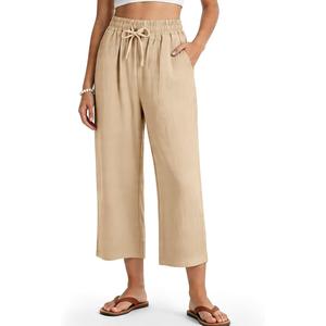 Makepid Women's Casual Capris Pants High Waist Pants Drawstring Loose Fit Summer Trousers with Pockets for Beach Vacation Khaki Medium
