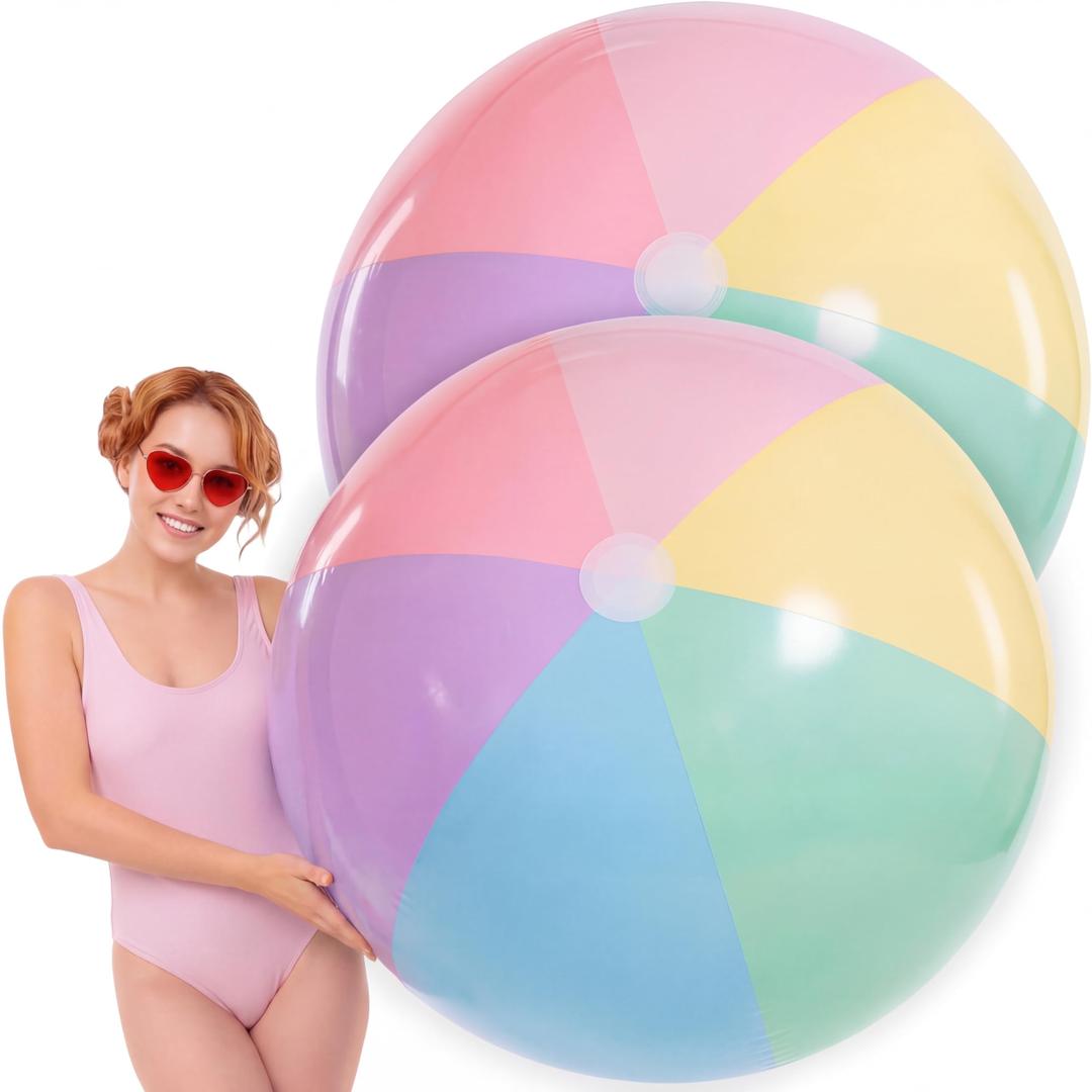 Tradder 2 Pcs 60 Inch Giant Inflatable Beach Ball Large Pastel Macaron Inflatable Float Jumbo Pool Playground Balls for Adults Summer Outdoor Games Water Pool Beach Party Favor (Multicolor)