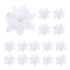 Fumwase 15PCS Christmas Flowers Artificial Poinsettia Glitter Decorations with Clips and Stems DIY Christmas Ornaments for Christmas Tree New Year Wedding Party (Blue)