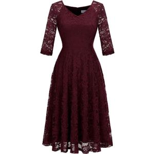 Dressystar Womens Long-Sleeve Wedding Guest Dress A-Line Lace Formal Party Cocktail Midi Dress Prom Gown (Medium, Burgundy)