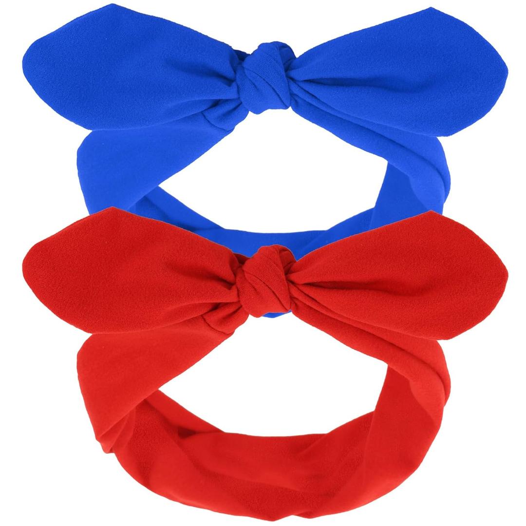 Hicarer 2 Pcs Bandana Headband for Women Retro Cute Cotton Wide Headwrap with Bows Vintage 4th of July Patriotic Costume Accessories Adjustable Rabbit Ear Bow Hairband for Women(Red and Blue)
