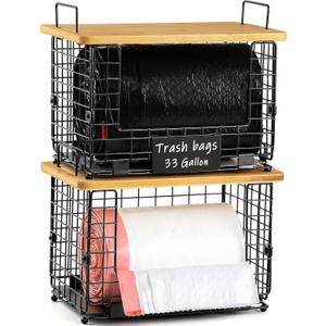 Upgrade Larger, Fit 13/30/33+ Gallon Trashbag Perfectly - 1 SET Stackable Trash Bag Holder with Tags & Bamboo Top, Garbage Bag Dispenser Stand, Kitchen Pantry Under Sink Laundry Room Organizer Basket