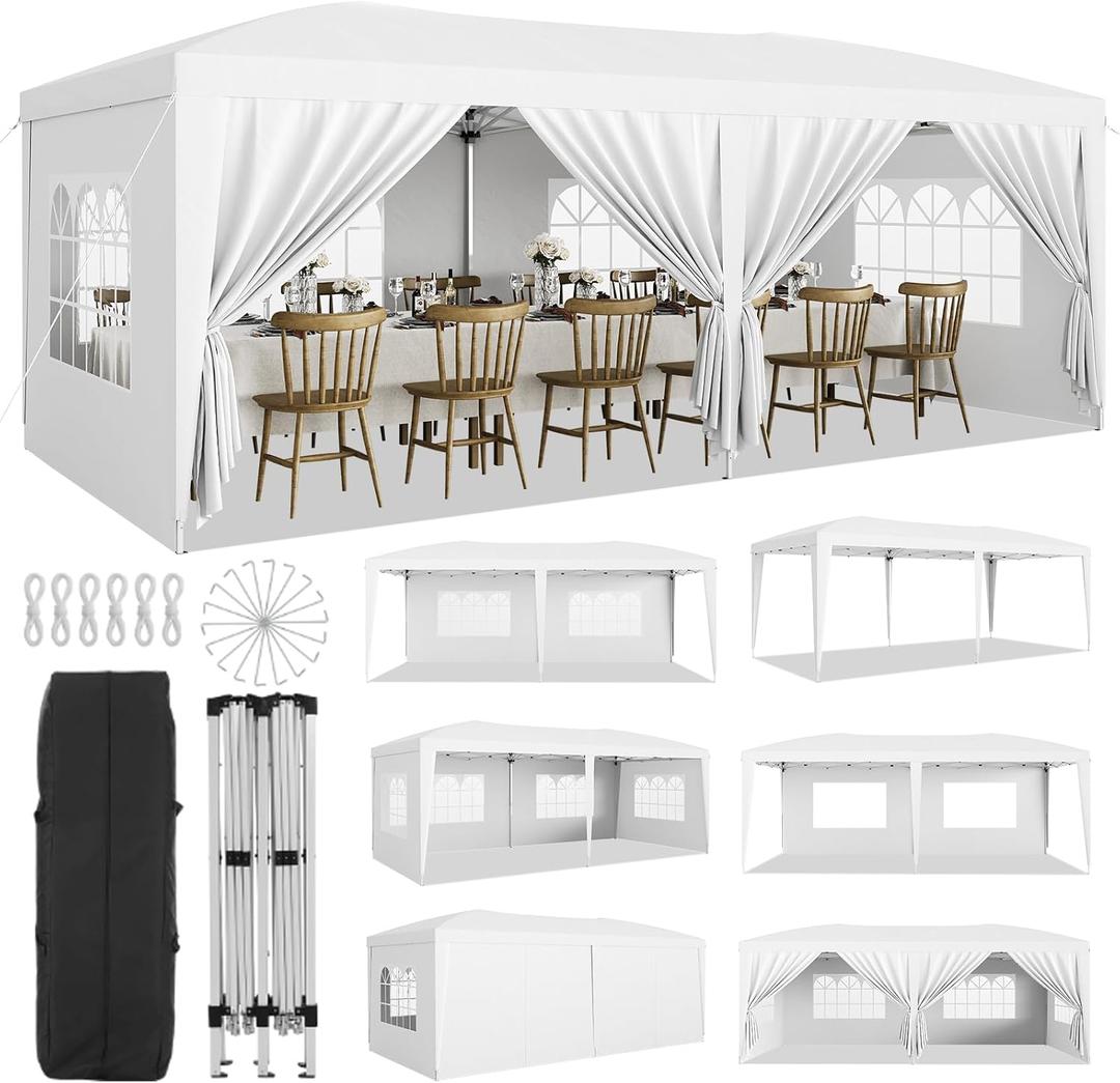 Garvee 10x20 Heavy Duty Pop Up Canopy Tent with 6 Removable Sidewalls, Easy Up Commercial Canopy Tents for Parties, Large Outdoor Canopies with 3 Adjustable Heights, Stakes X18, Ropes X6,White