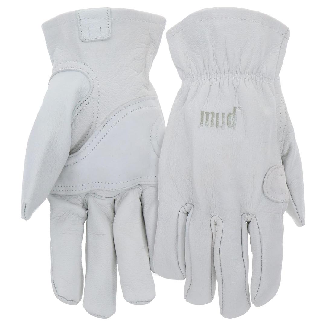 MUD Classic Men's Durable Goatskin Leather Driver with Padded Palm Patch Work Gloves, Abrasion Resistant, Keystone Thumb, Extreme Comfort, White, Large/X-Large, (MD82011-LXL)