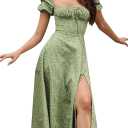 Linsery Women's Puff Sleeve Floral Maxi Dress Elegant Square Neck Cottagecore Boho Split Long Dresses (Large, Green)