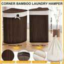 Gueevin Corner Bamboo Laundry Hamper with Lid and Removable Liner Corner Bamboo Laundry Basket with Handle Washing Clothes Basket Storage Bin for Bedroom Bathroom(Brown,Vertical Slatted), 14 x 14 x 24 inches