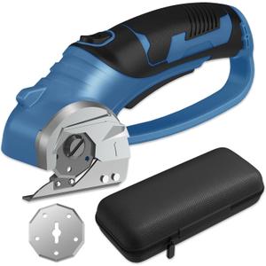 Cordless Electric Scissors, 4V Box Cutter & Cardboard Cutter with 2 Titanium Blades - Rotary Cutter with LED Light for Fabric, Leather, Carpet, Plastic, Crafting + Storage Case (Steel Blue)