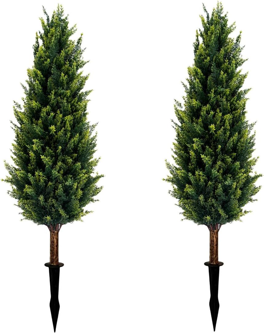 3FT Artificial Cedar Topiary Trees with Ground Spike Set of 2, UV Resistant Artificial Bushes Faux Cypress Trees for Indoor Outdoor Home Garden, Yard, Porch, Patio Decor (Normal)