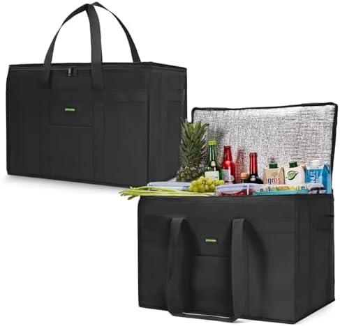 JUNGYOON 1-Pack Heavy-Duty Insulated Grocery Bags & Picnic Basket – Collapsible Cooler Bag with Zippered Top | Reusable Shopping Bags for Groceries, Picnics, Easy Storage(XXXL Black)