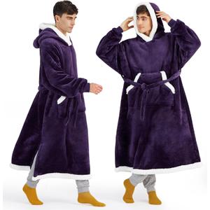 Bedsure Wearable Blanket Hoodie, Long Hooded Blanket Sweatshirt as Christmas Birthday Gifts for Men, Cozy Sherpa Hoodie for Adult, Oversize, Dark Purple