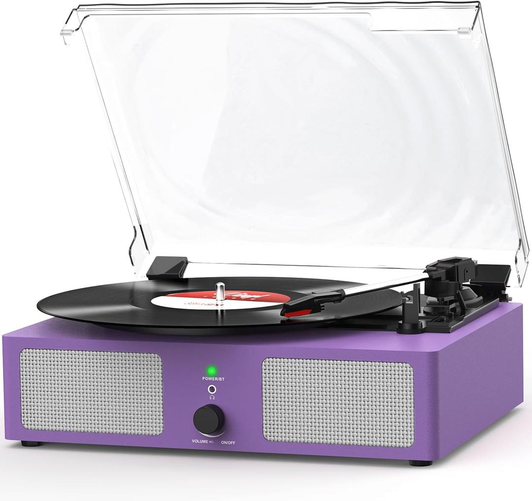Vinyl Record Player with Built-in Speakers and USB,Belt-Driven Bluetooth Turntable with 3 Speed AUX Input Headphone Jack and RCA Output Vintage Wooden Purple