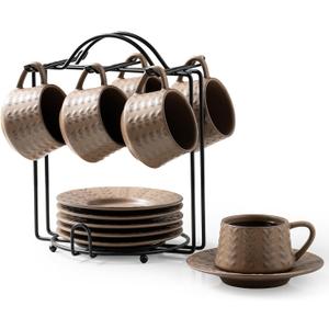 Espresso Cups Set, 4 Oz Porcelain Coffee Cups with Saucer and Metal Stand Small Cappuccino Cups Set of 6 Demitasse Cups for Espresso, Latte, Cafe Mocha, Cappuccino, and Tea, Brown
