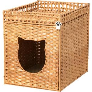 Handwoven Rattan Cat Litter Box Enclosure for Large Litter Box, Includes 1 Litter Mat & 2 S-Hook Attachments, Furniture-Grade Hidden House for Living Room, Bedroom, 24.6"x24"x19.88", Natural
