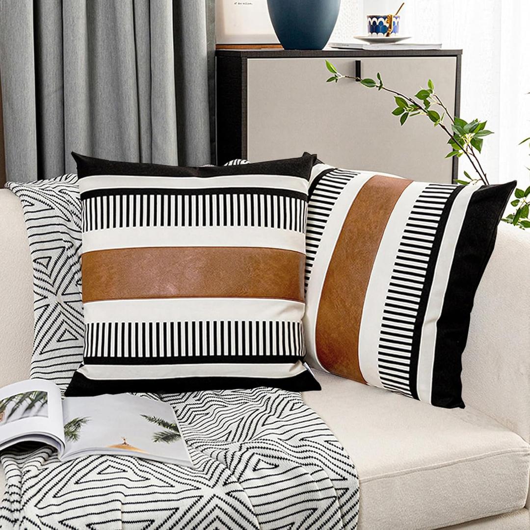 Pack of 2 Faux Leather and Cotton Patchwork Throw Pillow Covers for Sofa Couch Farmhouse Decorative Square Cushion Cover Boho Stripe Accent Pillow Case 20 x 20 Inch, Black