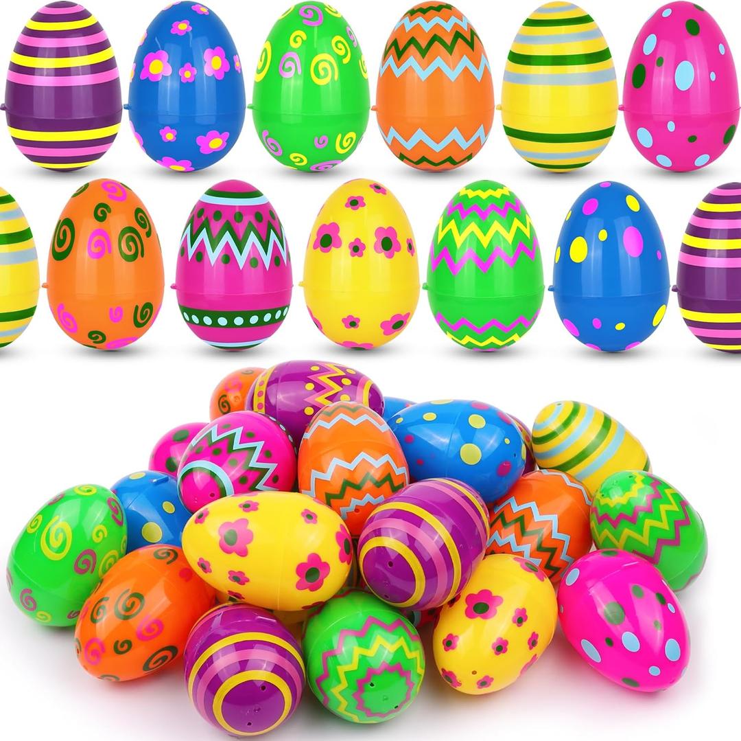 60 PCS 3.1" Plastic Printed Easter Eggs Bulk, Bright Colorful Fillable Empty Easter Eggs Bulks for Egg Hunt, Kids Easter Basket Stuffers Fillers Classroom Prizes Rewards Party Favors for Boys Girls