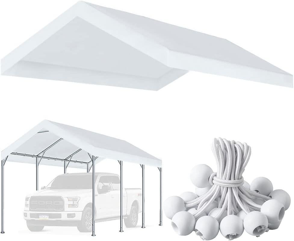 10'x20' Upgraded Carport Replacement Top Canopy Cover for Car Garage Shelter Tent Party Tent with Ball Bungees White (Only Top Cover, Frame is not Included)