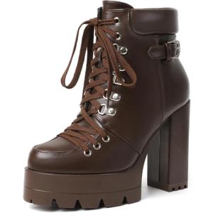 Susanny Sexy High Heels for Women Boots Round Toe Platform Booties Lace Up Suede Side Zipper Ankle Bootie (9.5, Chocolate Brown)