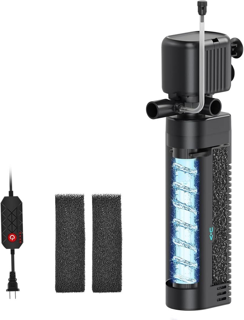 Aquarium Filter with UV, 450GPH for 40-150 Gallon Tanks, Submersible with Timer for Crystal Clear Water in Aquarium, Pond, Turtle Tank25W
