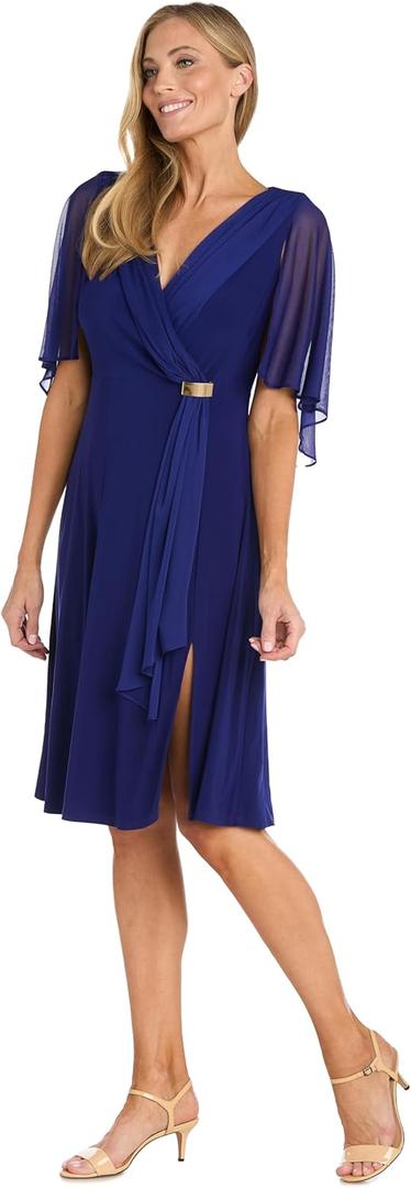 R&M Richards Women's Elegant Draped Wrap Waist Midi Dress W/Chiffon Capelet Sleeves & Side Slit (6)