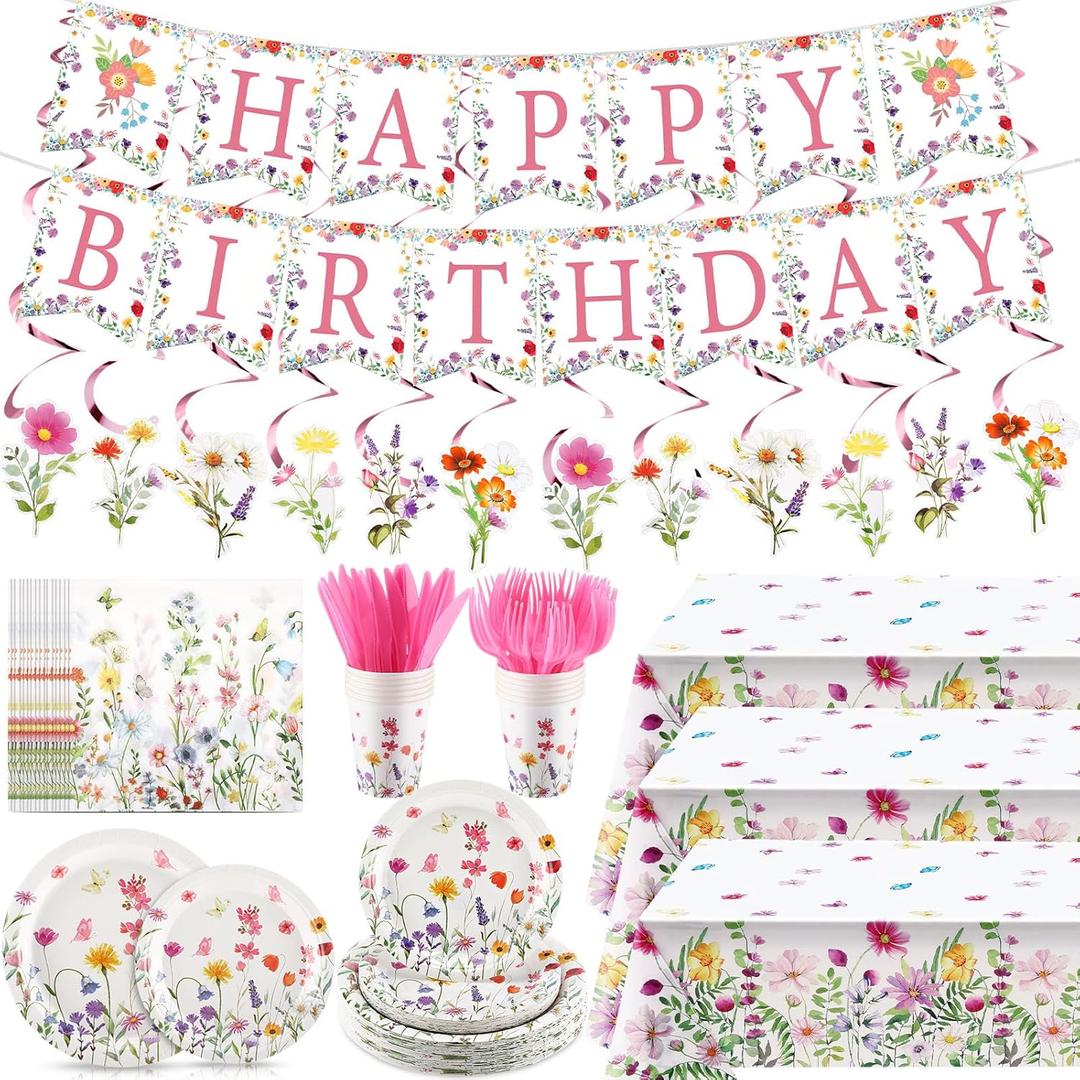Teenyyou 148 Pcs Wildflower Party Decorations Flower Happy Birthday Baby Shower Banner Disposable Tablecloths Plates Cups Napkins Forks Spoons Floral Party Decor for Spring Birthday Decorations