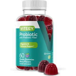 Viteey Probiotic Gummies with Prebiotics  Gut Health Supplements for Digestive Health  2 Billion CFUs  Vegan, Gluten-Free  60 Count