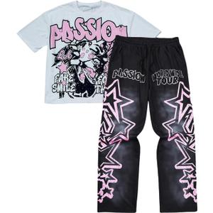 SOLY HUX Men's Summer Two Piece Outfits Short Sleeve Graphic T Shirt Pants Set Y2k Streetwear Clothes (Black, S)