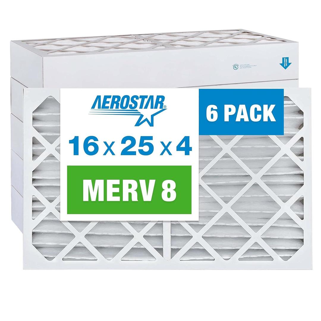 Aerostar 16x25x4 Air Filter 6 Pack, MERV 8 AC Furnace Filters (Actual Size: 15.5" x 24.5" x 3.75")