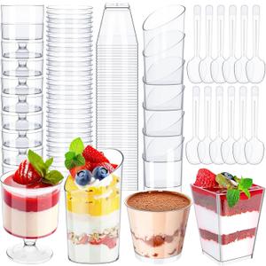 Funnymoom 300 Pack Clear Mini Plastic Dessert Cups with Spoons 5oz 3oz Square Slanted Parfait Appetizer Shooter Round Goblet for Birthday Party Dessert Table Pudding Ice Cream Fruit Cake Yogurt (Transparent)
