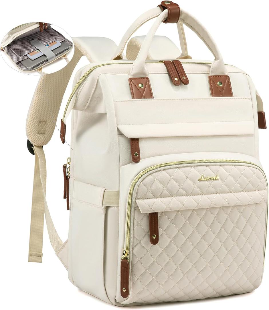 LOVEVOOK Laptop Backpack for Women, 17.3'' Waterproof Nurse Bag Teacher Work Backpack Purse for Women, Travel Computer Backpack for College Office Business Ladies (Cream)