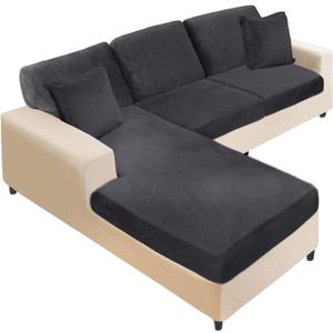 NAISI Sectional Couch Covers 6 Pieces Velvet Couch Cushion Covers L Shape Soft Stretch Sofa Slipcovers with 2pcs Pillowcases for Left/Right Chaise Sectional Couch(2 Seater+1 Chaise+3 Back,Black)