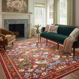 Strawberry Thief Area Rug Rust Red, Ultra Thin 5x7 Washable Rug, Modern Abstract Art Living Room Rug, Boho Rustic Vintage Floral Botanical Carpet for Bedroom Kitchen Dining Room Entryway Dorm