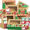 24 Christmas Cookie Boxes -Large Holiday Baked Food Container for Gift Giving with 160 Count Christmas Foil Gift Stickers (Kraft paper color (brown))