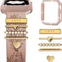 Engraved Band + Charms + Case for Apple Watch Band 38mm 40mm 41mm 42mm 44mm 45mm Women, Soft Silicone Flower Sport Straps with Protective Glitter Bumper for iWatch Series 9 8 7 6 5 4 3 2 1 SE (Milk Tea+ Gold Love)