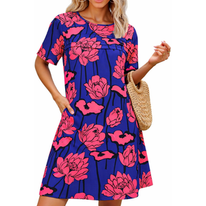 Wenrine Womens Summer Casual Floral Mini Dress Short Sleeve Pleated Front Loose Beach Tunic Dresses with Pockets (Medium, Orange)