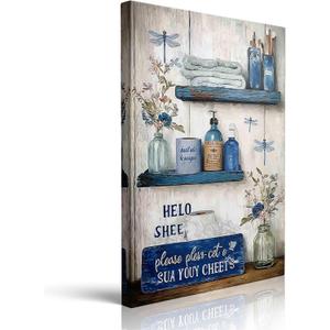 MAQCM Navy Blue Bathroom Decorative Wall Art Rustic Blue Bathroom Canvas Wall Decorative Please Sit In Your Own Logo Painting Painting Retro Aesthetic Pictures Artwork Decoration 16x24 Inches