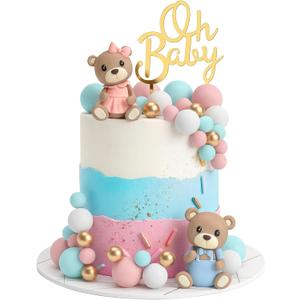 33 PCS Bear Cake Toppers, Gender Reveal Cake Toppers Cake Decorations with Bear Figurines and Balls for Boys Girls Baby Shower Bear Theme Party Supplies Gender Reveal