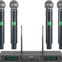 Phenyx Pro Wireless Microphone System, 4-Channel UHF Wireless Mic, Fixed Frequency Metal Cordless Mic with 4 Handheld Dynamic Microphones, 260ft Range, Mics for Singing, Church(PTU-5000-4H)