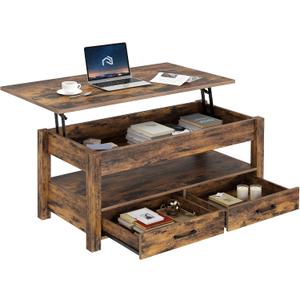Rolanstar Coffee Table, Lift Top Coffee Table with Drawers and Hidden Compartment, Retro Central Table with Wooden Lift Tabletop, for Living Room,Rustic Brown (39.4")