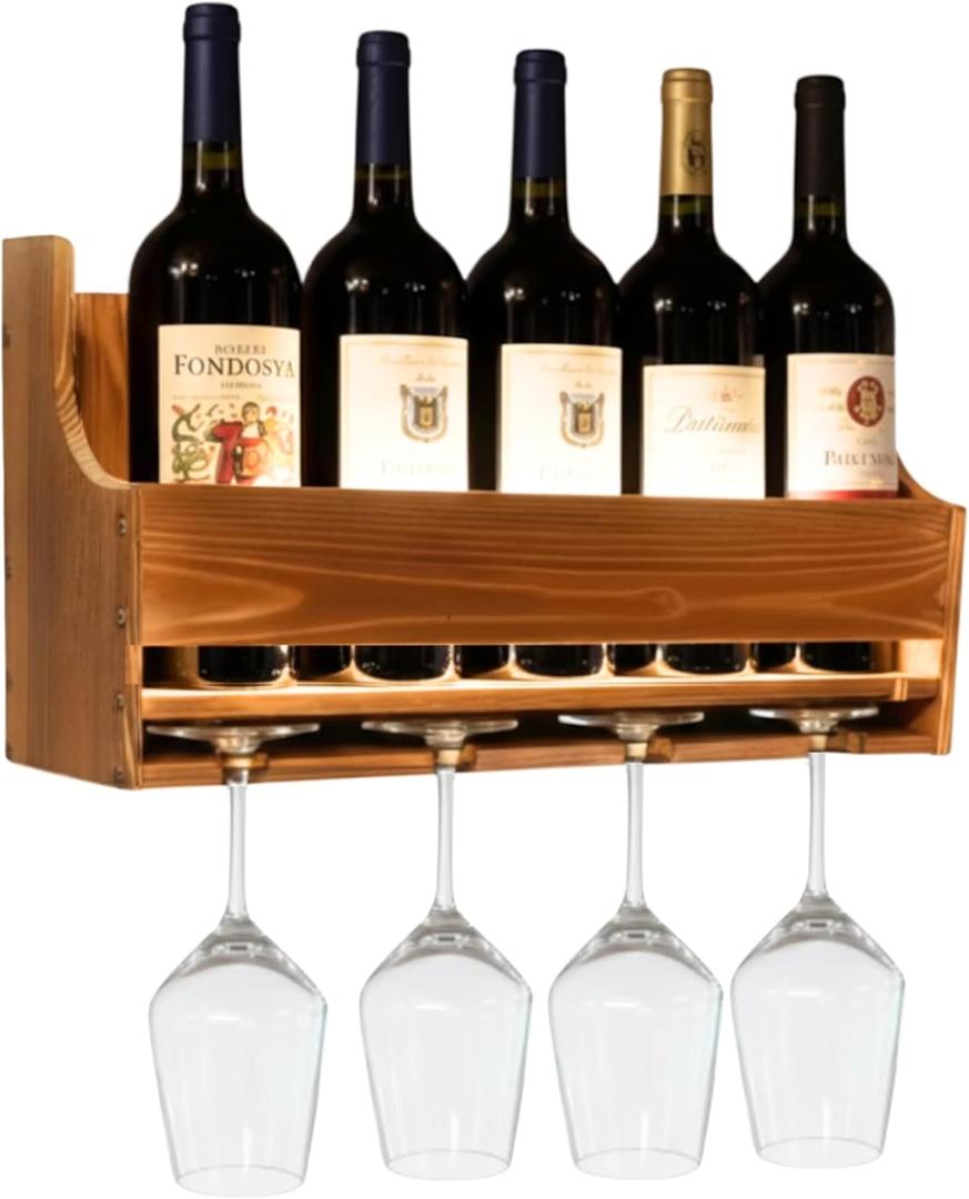 brekle Wine Rack Wall Mounted LED Wall Wine Rack with Wine Glass Holder Bar Shelves Wall Mounted 4-Bottle Wine Holder & 4Glass Rack Space Saving Wall Bar Cabinet Bar Décor