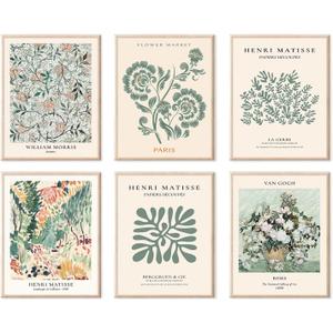 Sage Green Wall Art Decor, Abstract Matisse Wall Art Exhibition Posters, Minimalist Flower Market Wall Art Prints, Sage Green Room Decor8x10inch, Unframed)