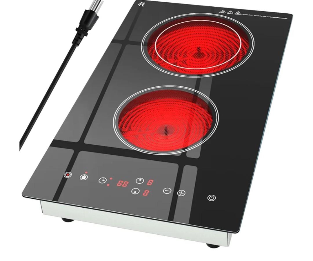 Electric Cooktop 2 Burner, 1800W Radiant Electric Stove Top 120V with Countertop & Built-in Design, 12 inch Touch Control Ceramic Cooktop with Safety Lock, 9 Level Power, Timer - Plug in