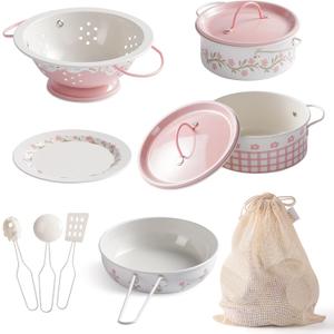 ROBUD Play Pots and Pans Sets for Kids Kitchen, Play Kitchen Accessories Pretend Cooking, Cartoon Pink Metal Pots and Pans Metal, Kids Kitchen Playset, Mini Toy Kitchen Accessories(9 Pieces)