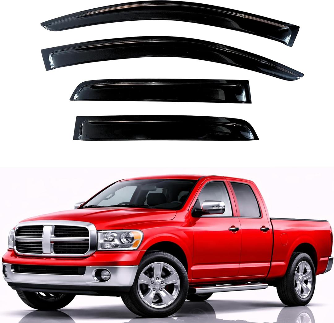 KPY Rain Guards Fit for 2002-2008 Dodge Ram 1500 Quad Cab, Out-Channel Window Visors Vent Wind Deflectors 4PC, Truck Accessories for 2003-2009 Dodge Ram 2500 3500 (Extended Cab Only)